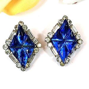 Coro Rhinestones Earrings Blue Glass Centerpiece Surrounded by Baguette & Rounds